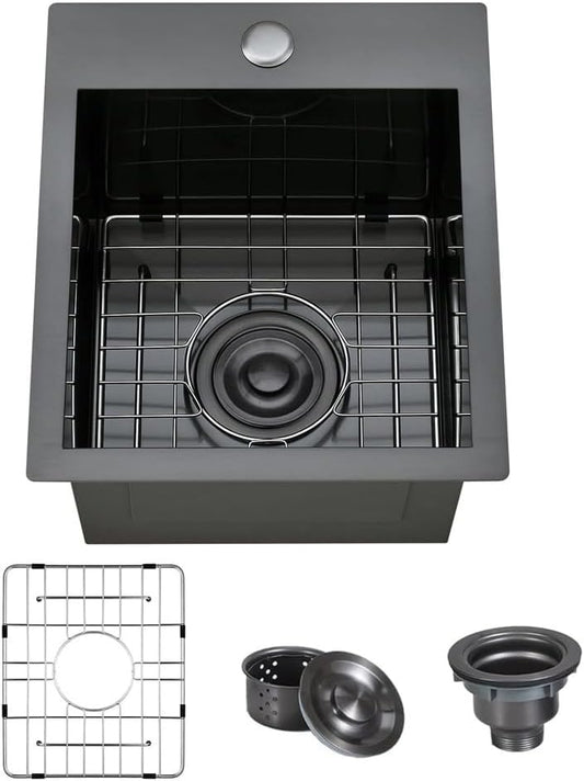 ARTLINE 15 x 20 Inch Black Drop in Bar Sink, Stainless Steel Single Bowl Kitchen Sink, Small Topmount 9 Inch Deep Wet Bar sink for Outdoor Prep RV Yard Laundry Utility with Dish Grid & Drain