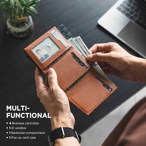 Pop up Card Wallet Minimalist Cash Wallets RFID Blocking Leather Smart Credit Card Holder with ID window for Men