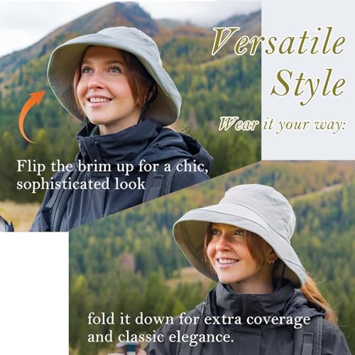 Sun Hat for Women Wide Brim SPF 50 UV Protection with Chin Strap Packable Bucket Hat for Travel Beach Outdoor Summer Waterproof Lightweight Gardening H iking Fishing Camping Khaki L