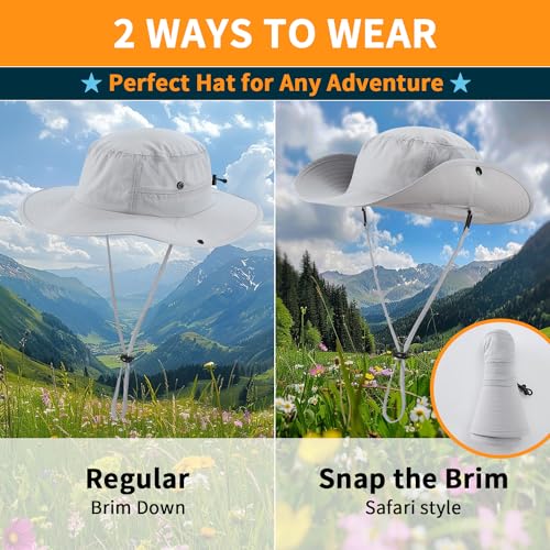 UPF50+ Mens Womens Sun Hat Wide Brim Sun Protection Hat for Beach Fishing Gardening Safari Bucket Hat Mesh Cowboy Hat Light Grey