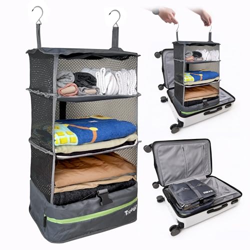 Stow-N-Go Hanging Travel Shelves, Packing Organizer for Luggage. Carry on Closet for Suitcase. Expandable Packing Cube. Travel Essentials. (Dark Gray - L, L = (L) 11.8" x (W) 11.8")