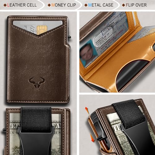 Men Slim Leather Wallet Metal Case Money Clip