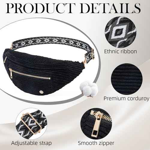 Black Crossbody Bag Corduroy Fanny Pack Vintage Sling Bag with Gold Zipper