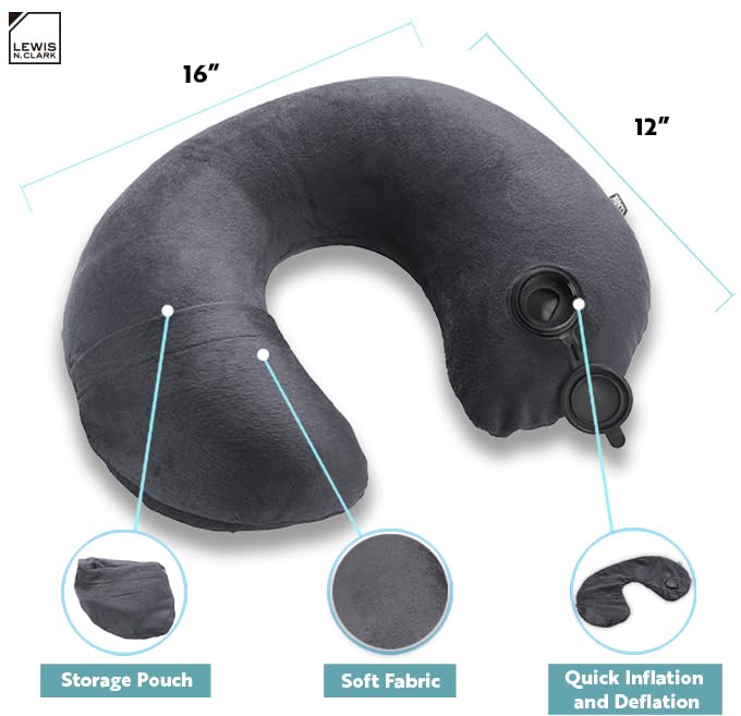 Lewis N Clark Compact Portable Adjustable and Inflatable Cervical Neck Pillow for Travel