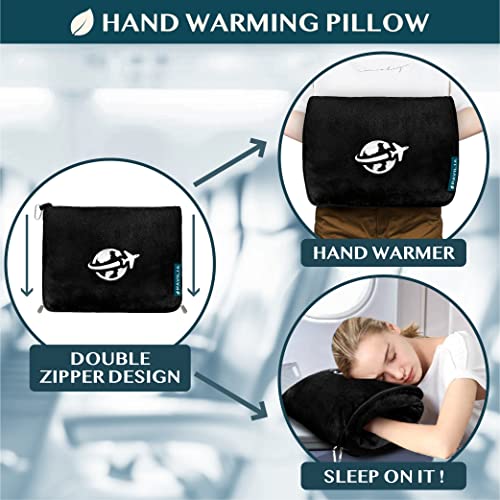 Compact 2-in-1 Travel Blanket Pillow for Airplane Flight, Black