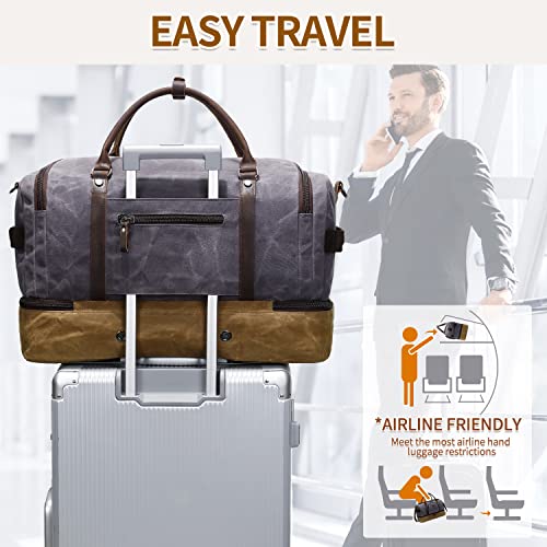 Nerlion Weekender Bag with Shoe Compartment Large Overnight Bag for Men Canvas Genuine Leather Carry on Luggage Bag Travel Duffel Bag