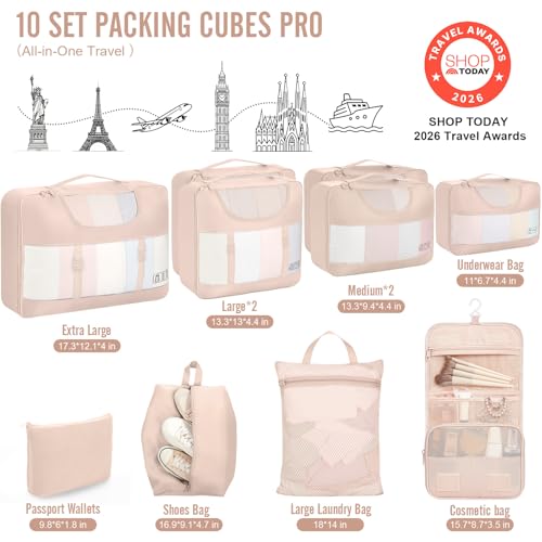 4 Set/6 Set /8 Set /9 Set /10 Set /11 Set Packing Cubes for Travel Essentials, 10 Set, 02 Cream (10 Count)