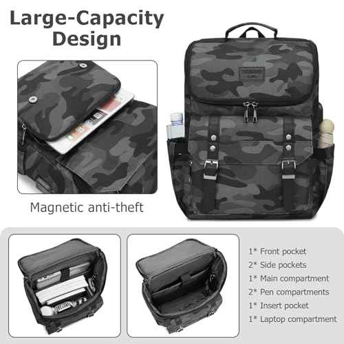 Vintage Backpack Travel Laptop Backpack with usb Charging Port for Women & Men College Backpack Fits 15.6 Inch Laptop Camouflage Gray