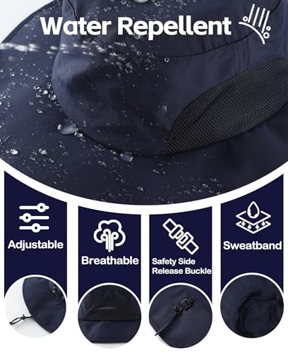 UPF50+ Mens Sun Hat Wide Brim Fishing Hat Airy Mesh UV Protection Portable Bucket Sun Hat Navy Blue