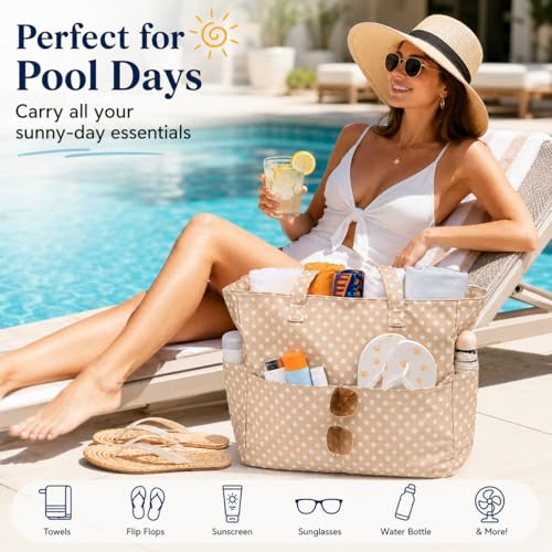 Waterproof Beach Tote Bag for Women Girls with Zipper Foldable Sandproof Pool Swim Bag Travel Carry On Gym
