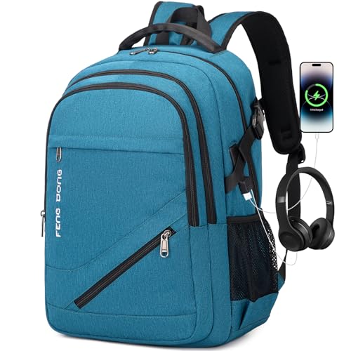17.3 inch Large Laptop Backpack Durable Waterproof Travel College Backpack Bookbag for Men & Women Business Backpack with USB Charging Port and Headset Port Light Teal