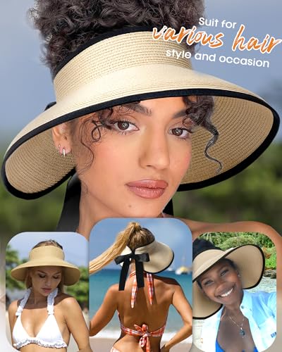 Women's Straw Sun Visor Hat UPF Wide Shade Ponytail Summer Hat