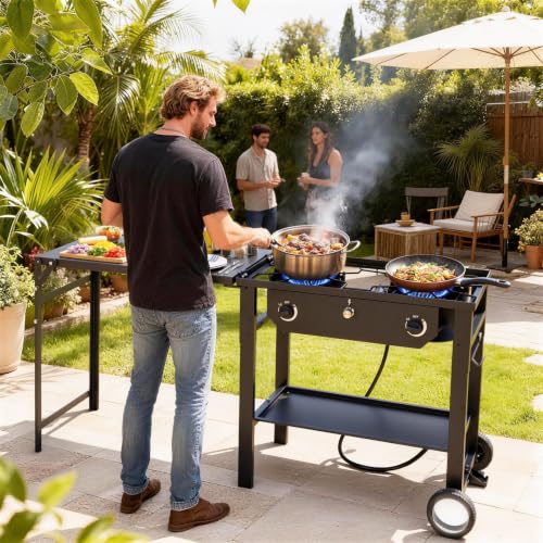 2 Burner Outdoor Propane Gas Stove with Foldable Side Table & Ignition