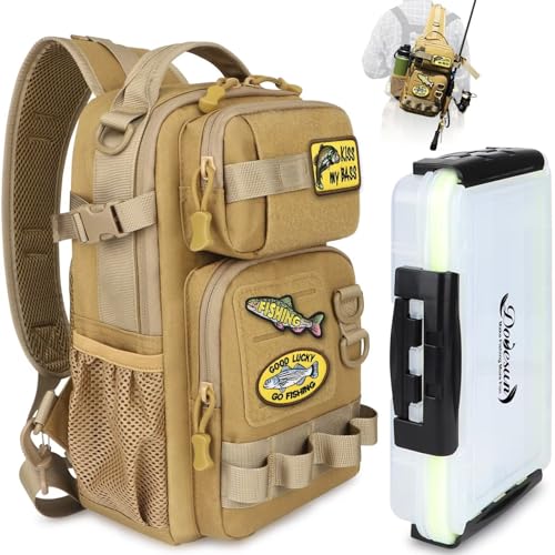 Small Fishing Backpack with Tackle Boxes Fishing Sling Bag DIY Embroidery Patches Tackle Bag Gift for Men Khaki