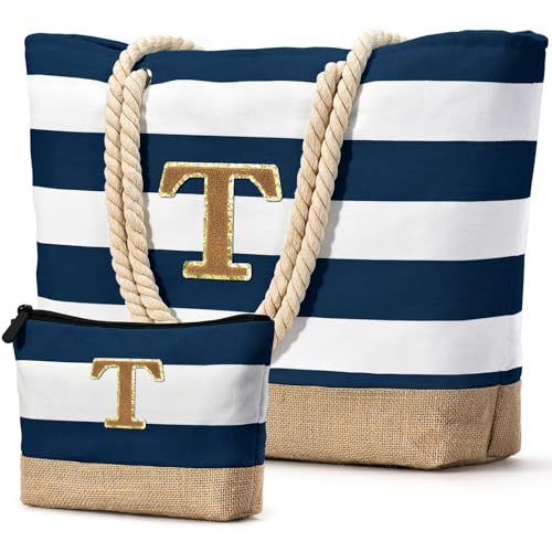Beach Bag Initial Beach Tote with Makeup Bag for Travel
