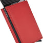 Jenoss Smart Wallet For Men & Women: Full Grain Leather, Handcrafted, Slide Metal Pop Up Case, Slim RFID Blocking Credit Card Holder Minimalist Compact 12 Cards Slot Organizers ID Clip (Red & Black)