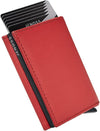 Jenoss Smart Wallet For Men & Women: Full Grain Leather, Handcrafted, Slide Metal Pop Up Case, Slim RFID Blocking Credit Card Holder Minimalist Compact 12 Cards Slot Organizers ID Clip (Red & Black)