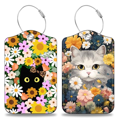 2 Pack Luggage Tags for Suitcases Cute Cat with Colorful Flowers Leather Luggage Tags Privacy Cover ID Label with Stainless Steel Loop and Address Card for Women Men Travel Bag Backpack (2 Count)