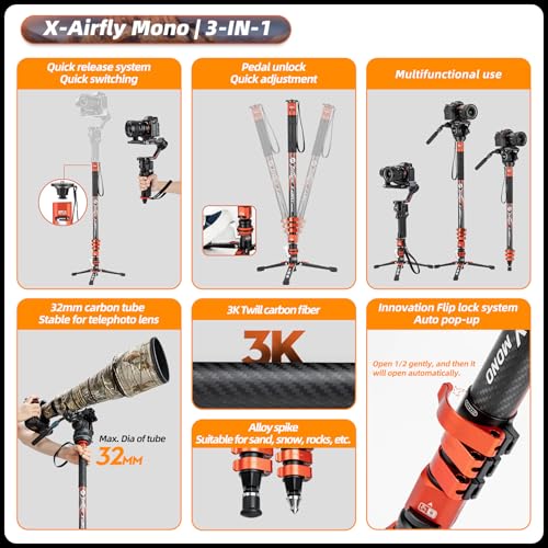 73" 3-in-1 Carbon Fiber Monopod with Pedal, Carbon Fiber Travel Monopod with Feet Max Load 22lbs for DSLR Camera Stabilizer Videography Kit, X-Airfly Mono Grey
