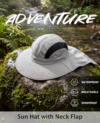 UPF 50+ Wide Brim Bucket Sun Hat with Neck Flap for Men Women UV Protection for Fishing Gardening Hiking Beach Safari Light Grey