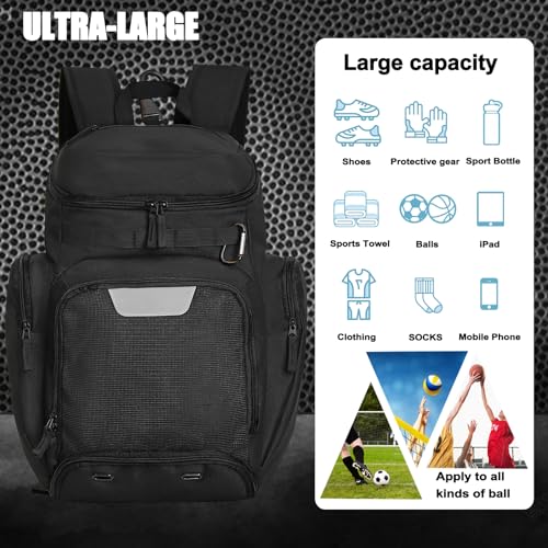 Large Basketball Backpack Sports Gym Bag with Ball Holder Ventilated Shoe Compartment Insulated Cooler Pockets Reflective Strips Fence Hook for Men Athletic Training