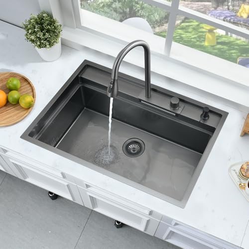 33 Inch Black Drop In Waterfall Kitchen Sink Workstation