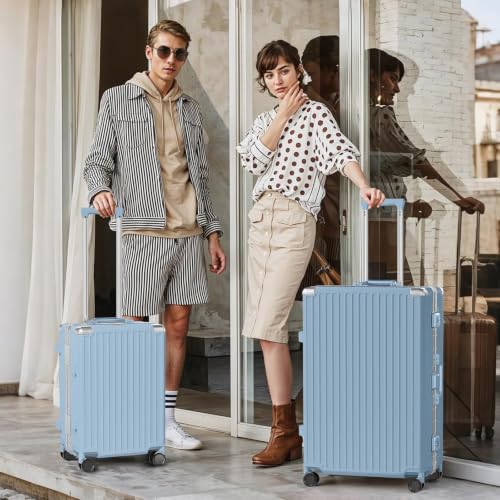 Luggage PC+ABS Aluminum Frame Zipperless Checked Luggage Hard Shell Suitcase TSA Lock Double Spinner Wheels 28 Inch Haze Blue