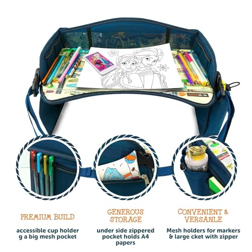 2-in-1 Kids Toddler Travel Tray & Back Seat Organizer — Foldable Waterproof Car Tray with Tablet Holder, Cup Holder, Storage Pockets for Road Trips & Airplane (Premium Blue)