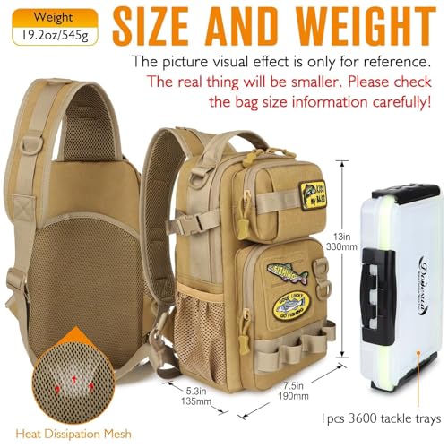 Small Fishing Backpack with Tackle Boxes Fishing Sling Bag DIY Embroidery Patches Tackle Bag Gift for Men Khaki