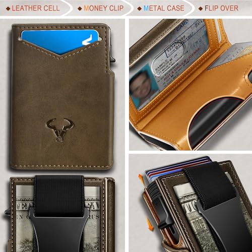 Men Slim Leather Wallet Metal Case Money Clip
