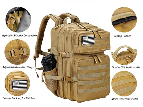Military Tactical Backpack for Men and Women 45L Army 3 Days Assault Pack Bag Large Rucksack with Molle System Khaki