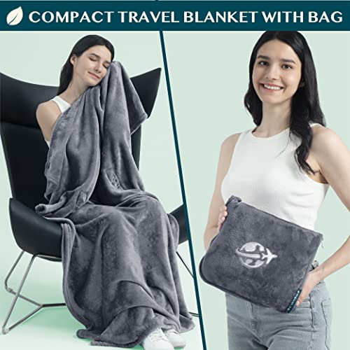Compact 2-in-1 Travel Blanket Pillow for Airplane Flight, Dark Gray