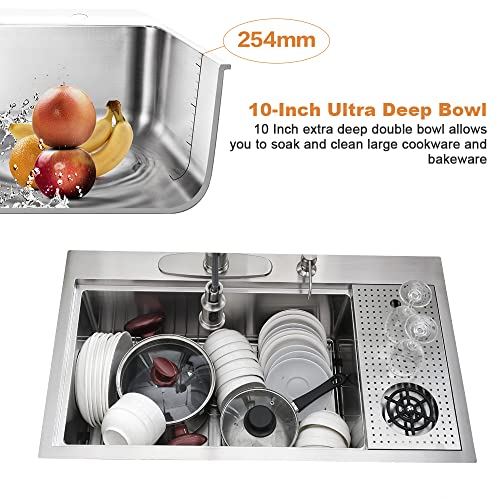 33 Inch Drop In Kitchen Sink with Cup Washer Workstation