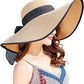 Womens Bowknot Straw Hat Foldable Beach Sun Hat Roll up UPF 54+