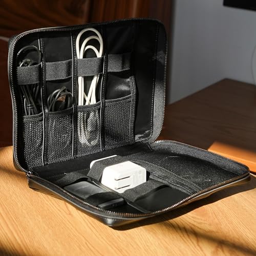 Polare Napa Leather Travel Cable Organizer Case Electronics Accessories Carry Bag with YKK Zippers Tech Storage Bag for Cables