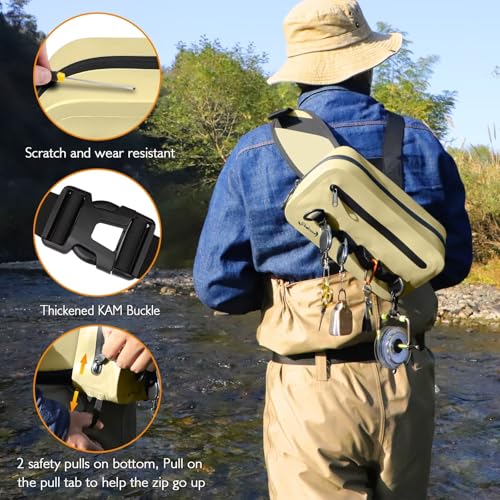 Waterproof Fishing Fanny Pack for Men 3.3L Fly Fishing Bag Chest Pack with Airtight Zipper Khaki