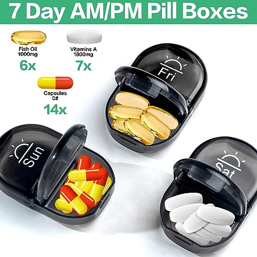 Weekly Travel Pill Organizer 2 Times a Day AM PM Black Pill Box