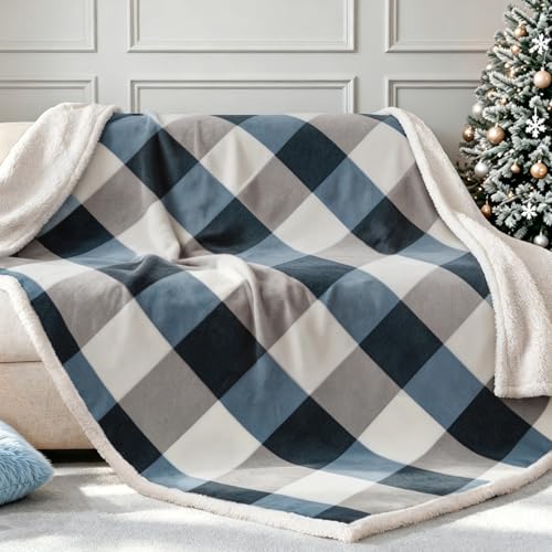 Sherpa Fleece Throw Blanket 60" x 80" Reversible Plush Fluffy Large Big Blanket Lattice Flannel Blankets for Sofa Couch Bed
