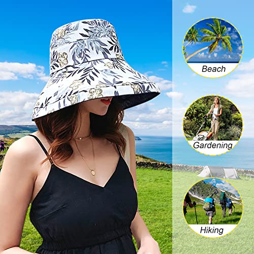 Women Floral Reversible Wide Brim Sun Hats Wired Edge Summer UPF Hat for Beach Hiking Garden Travel Lawn Work Chin Strap