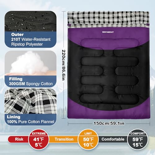 Double Sleeping Bag for Adults Machine Washable 2 Person Camping Sleeping Bag Queen Size Waterproof with Compression Sack for Cold Weather 3