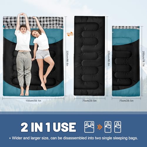 Cotton Flannel Double Sleeping Bag for Adults Machine Washable 2 Person Camping Sleeping Bag Queen Size Waterproof with Compression Sack for Cold Weather 3