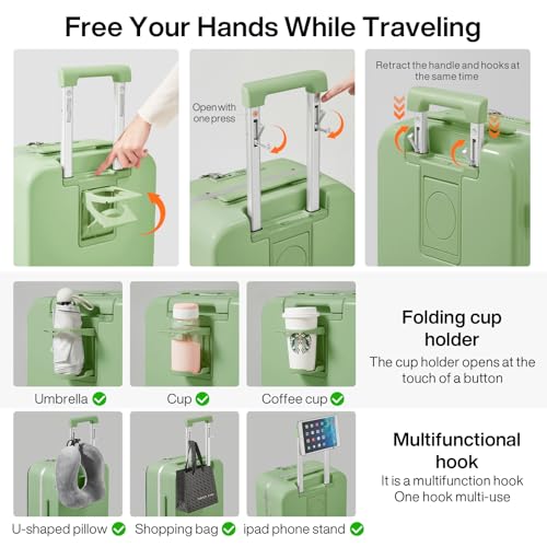 Carry On Luggage with Cup Phone Holder and Charger Hard Shell Suitcases with Spinner Wheels