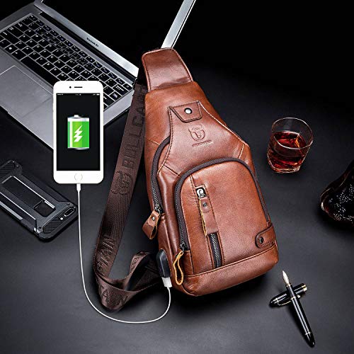 Leather Sling Bag Mens Chest Bag Casual Shoulder Crossbody Bags Travel Hiking Backpacks Daypack with USB Charging Port