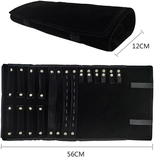 Velvet Travel Jewelry Case Roll Bag Organizer for Necklace Bracelet Earrings Ring (Black) (Black(4+2+2+6))