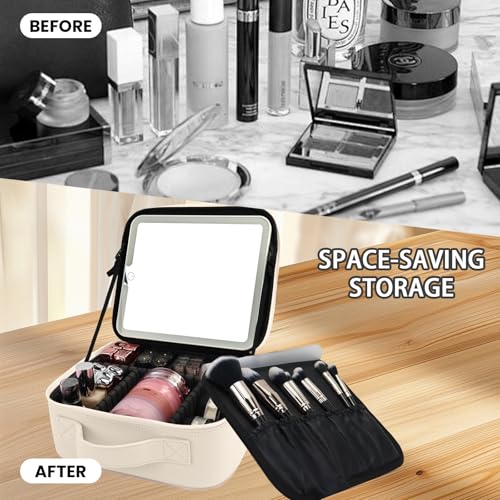 Travel Makeup Bag with LED Mirror and Light Makeup Travel Bag Organizer Portable Cosmetic Brush Organizer Bag with Adjustable Dividers for Cosmetics Makeup Brushes Toiletry