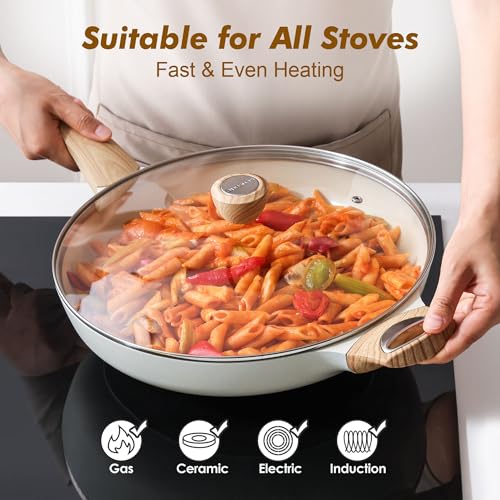 12.5inch Ceramic Nonstick Frying Pan Paella Pan with Lid