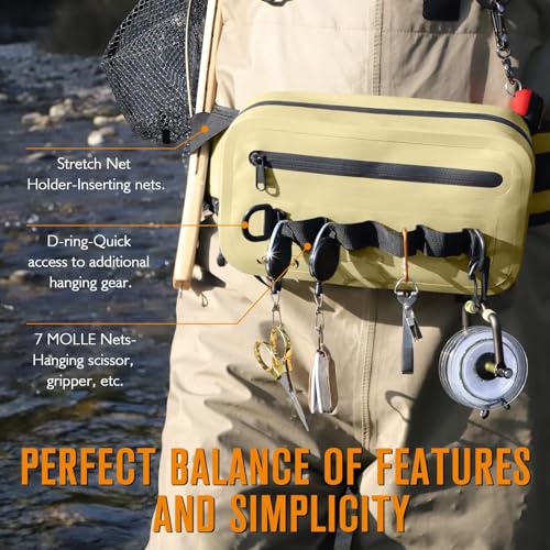 Waterproof Fishing Fanny Pack for Men 3.3L Fly Fishing Bag Chest Pack with Airtight Zipper Khaki