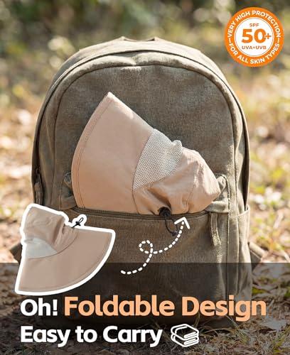 UPF50+ Mens Sun Hat Wide Brim Fishing Hat Airy Mesh UV Protection Portable Bucket Sun Hat Milky Khaki