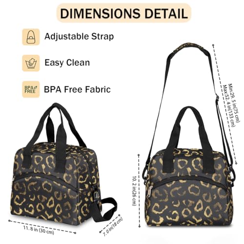 Black Gold Leopard Cheetah Insulated Lunch Bag for Women Men Adult Lunch Tote Bag with Shoulder Strap Reusable Lunch Box Large Containers Thermal Cooler Bag for Work School Picnic Lightweight Handbag (A02:Black Gold Leopard Cheetah)