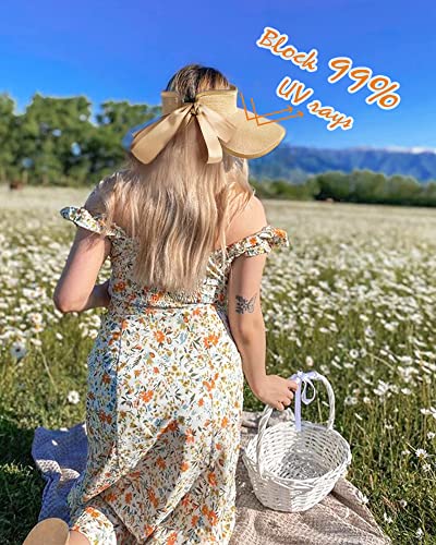 Women's Straw Sun Visor Hat UPF Wide Shade Ponytail Summer Hat